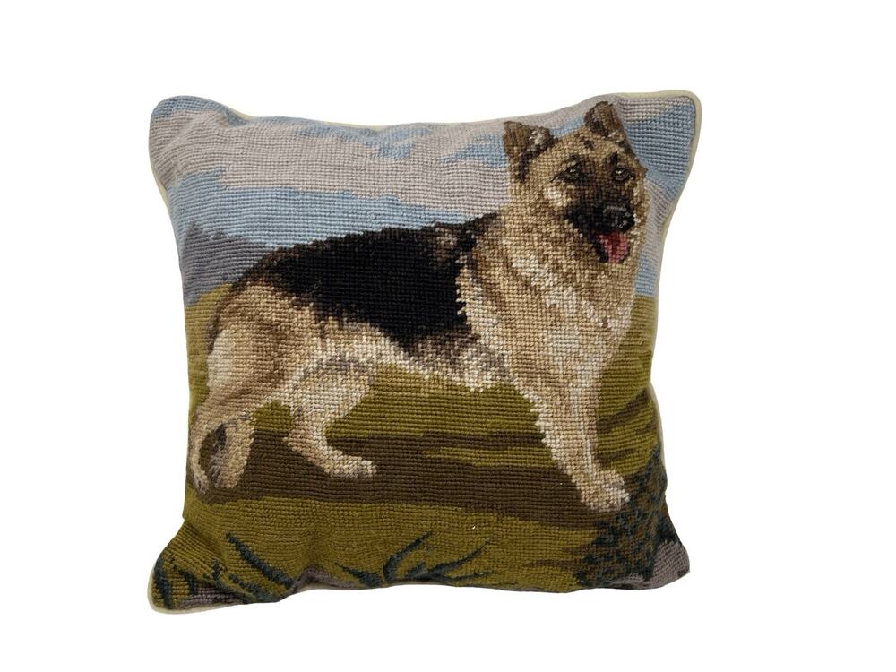 Vintage German Shepherd Shepard Needlepoint Pillow 13.5” Square-Wool Velvet